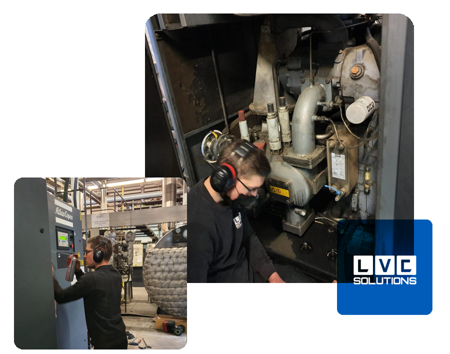 Technicus van LVC Solutions voert onderhoud en herstelling uit aan industriële Atlas Copco compressor
